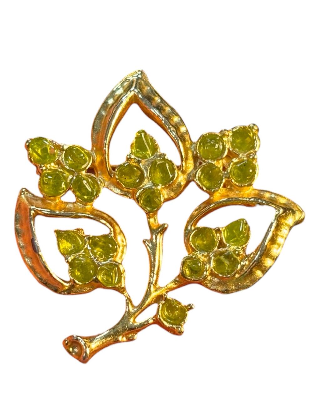 Vintage Green Acrylic Stone Floral Brooch Gold Tone Openwork Leaf Pin